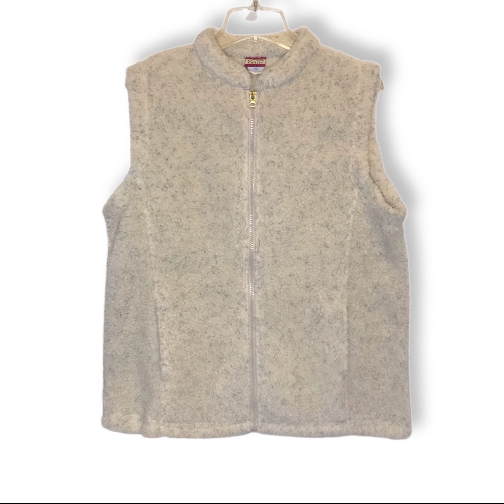 Tudor Court VTG Full Front Zip White & Gray  Fleece Sleeveless Vest - GUC